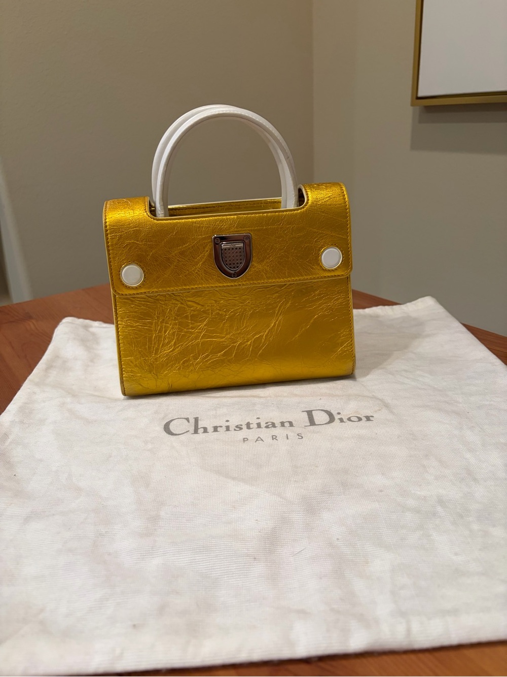 Dior Mini Diorever Gold Metallic White Leather Top Handle Crossbody Bag with COA
